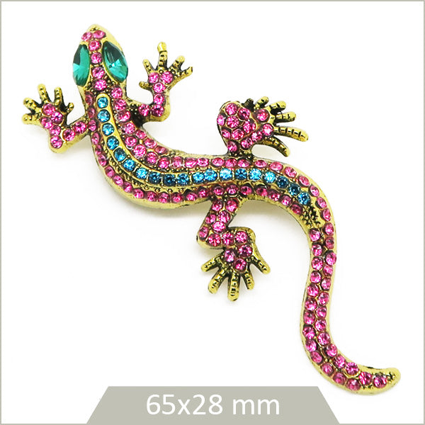 1 broche gecko alliage doré, strass roses et bleus