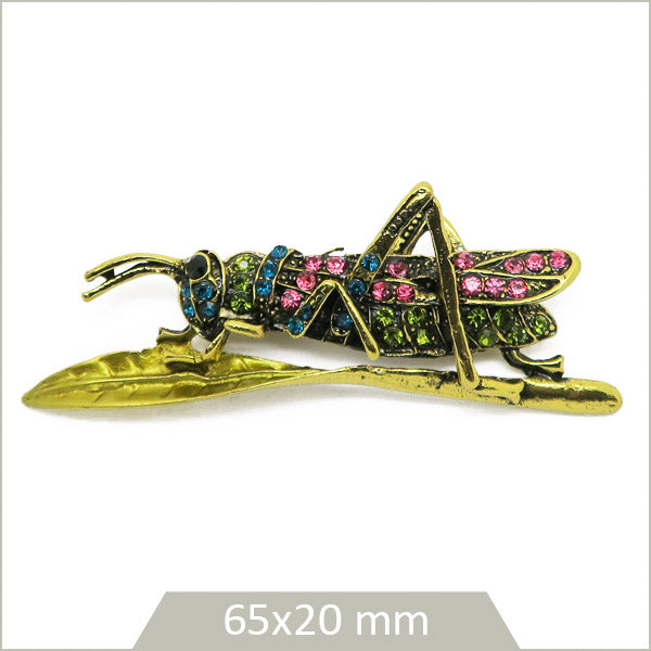 1 broche sauterelle alliage doré, strass multicolores