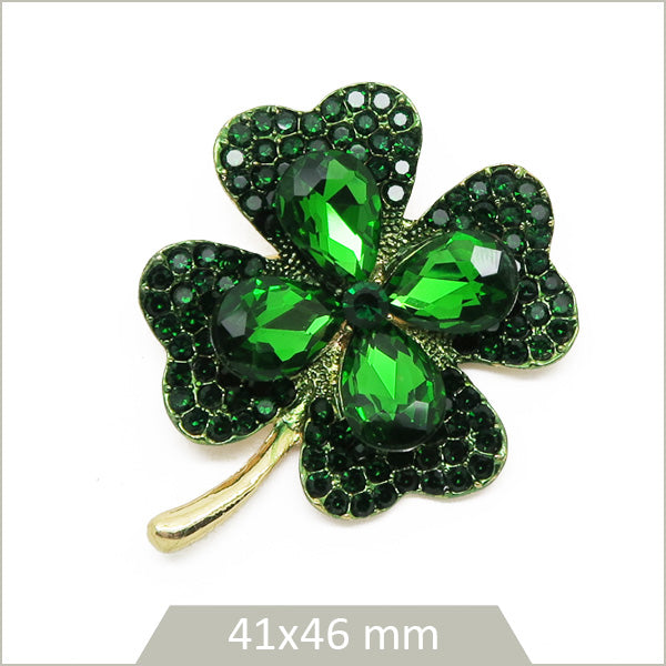1 broche trèfle à quatre feuilles alliage doré, strass émeraude