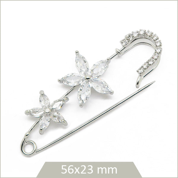 1 broche épingle à nourrice fleurs et strass en laiton argenté