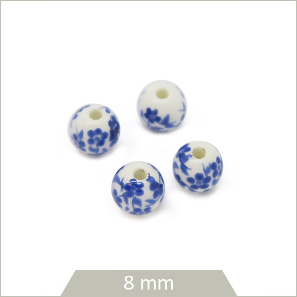 4 perles rondes céramique motif floral bleu, 8 mm