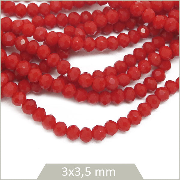 110 perles de verre à facettes donut opaque rouge, 3x3,5 mm