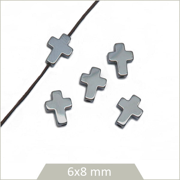 10 perles croix en hématite gris anthracite, 6x8 mm