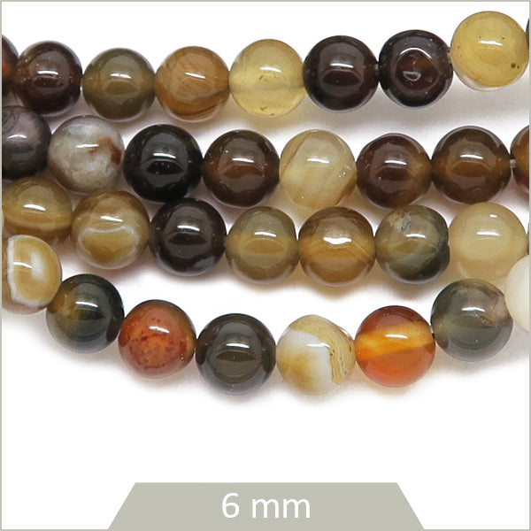 Env. 62 perles rondes en Agate rayée café, 6 mm