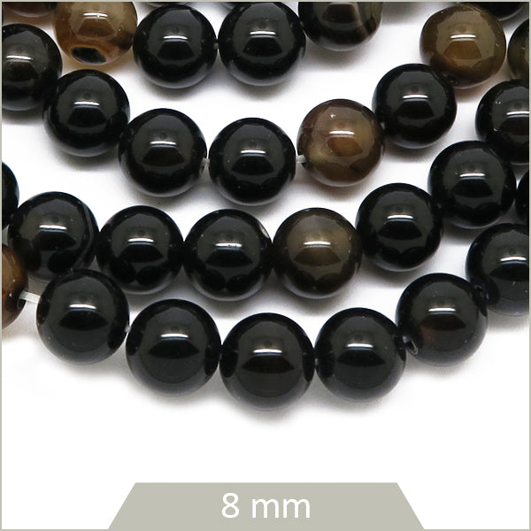 Env. 85 perles rondes en Agate rayée café, 8 mm