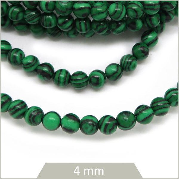 Env. 94 perles rondes en pierre effet Malachite, 4 mm