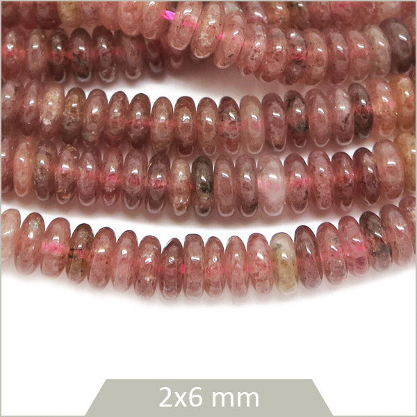 Env. 160 perles soucoupes en Quartz fraise, 6x2 mm