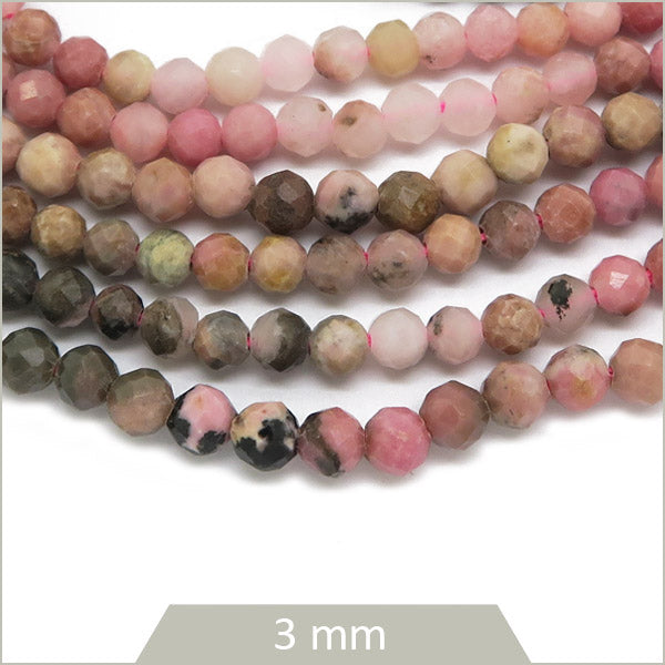 Env. 150 perles à facettes de rhodonite mouchetée 3 mm