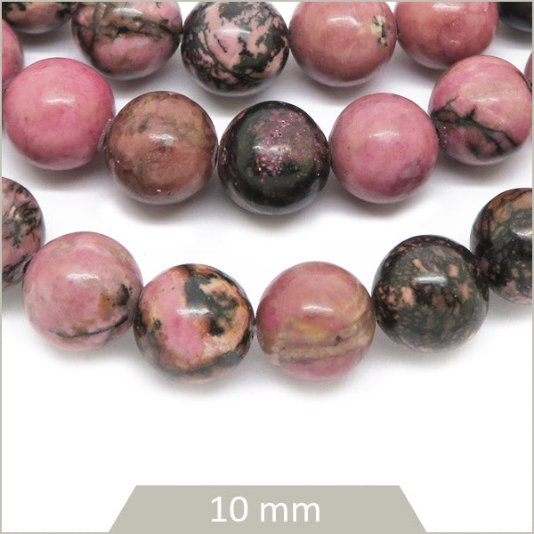 Env. 38 perles rondes rhodonite mouchetée, 10 mm