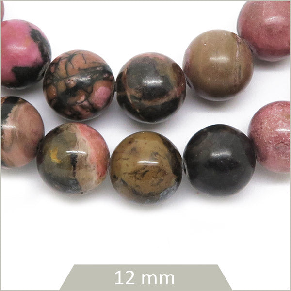 Env. 32 perles rondes rhodonite mouchetée, 12 mm