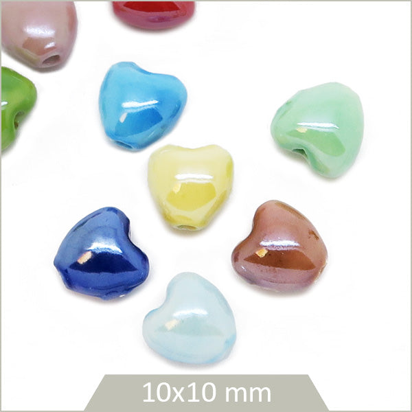 6 perles coeur en porcelaine effet émaillée mix de couleurs