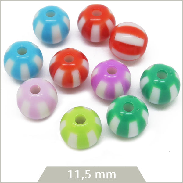 10 perles rondes en acrylique mix de couleurs rayées