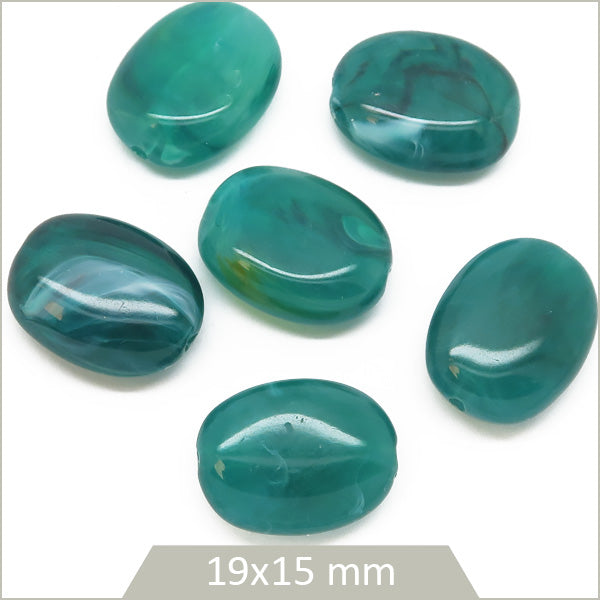 6 perles ovales en acrylique bleu canard
