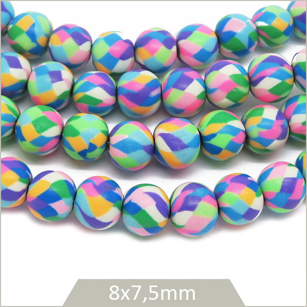Env. 40 perles rondes polymères arlequin 8 mm