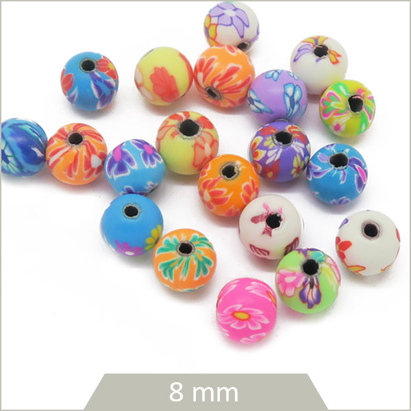 Env. 20 perles rondes polymères flower power 8 mm
