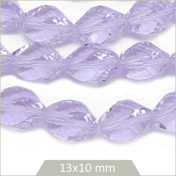 Env. 30 perles ovales à facettes en verre lilas, 13x10 mm