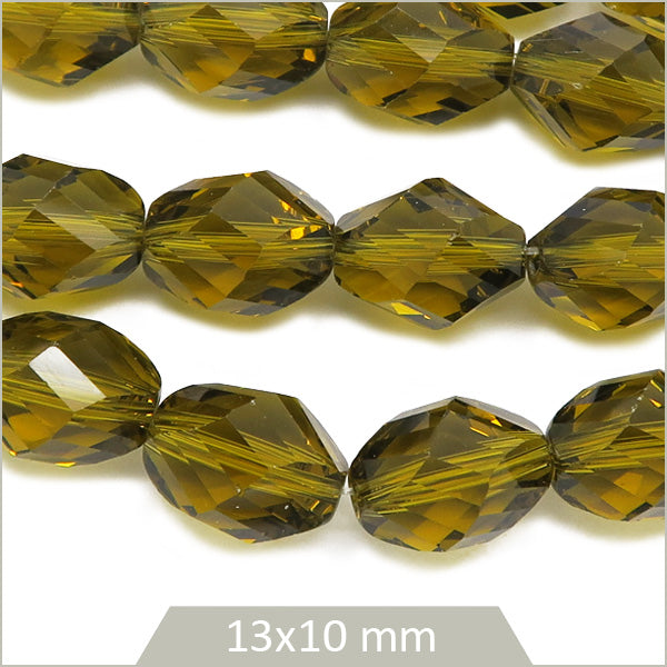 Env. 30 perles ovales à facettes en verre vert olive, 13x10 mm