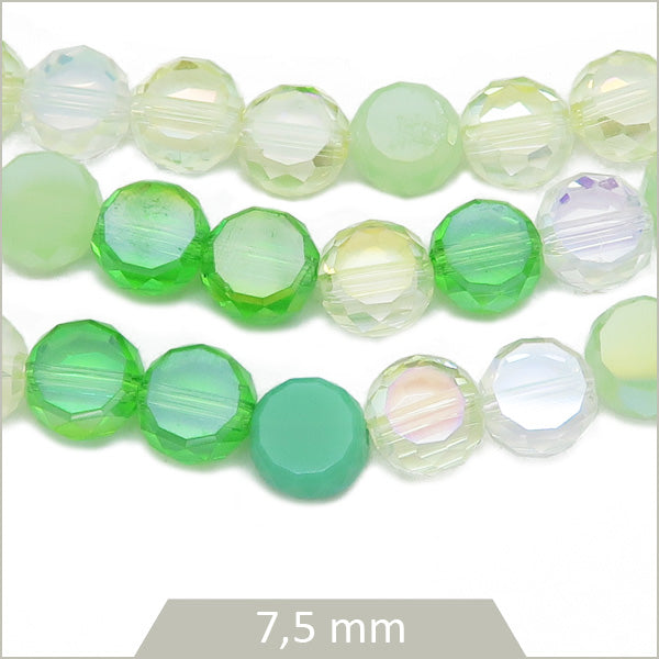 Env. 25 perles de verre rondes plates à facettes mix vert