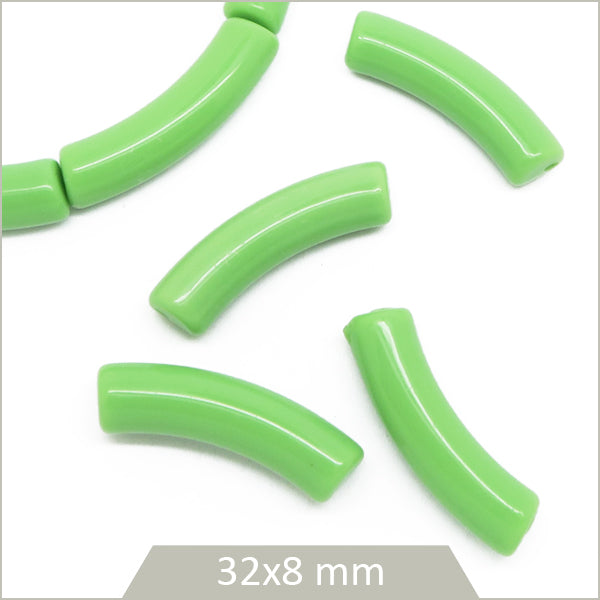 12 perles tubes incurvés vert opaque 8 mm