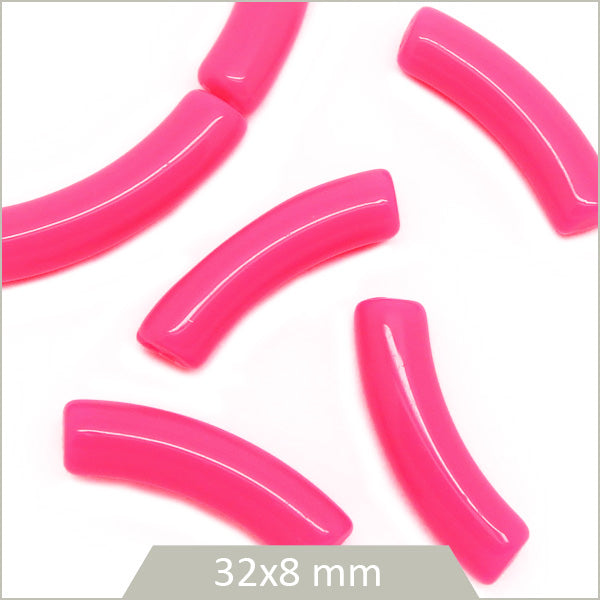 12 perles tubes incurvés rose fluo 8 mm