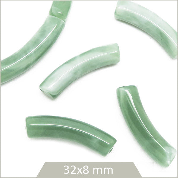 12 perles tubes incurvés vert jade marbré 8 mm