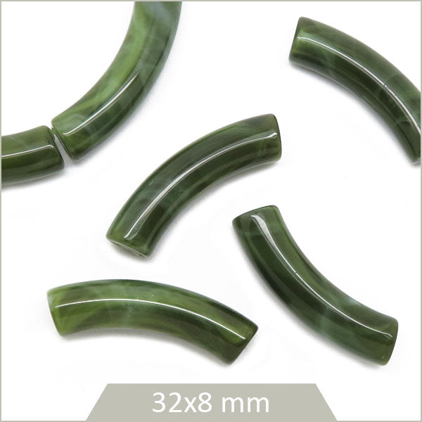 12 perles tubes incurvés vert foncé marbré 8 mm