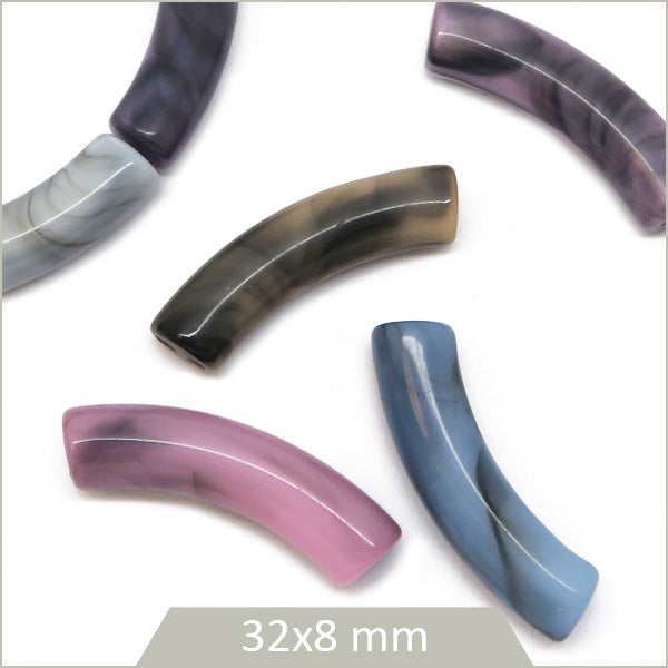 12 perles tubes incurvés mix de couleurs marbrées 8 mm