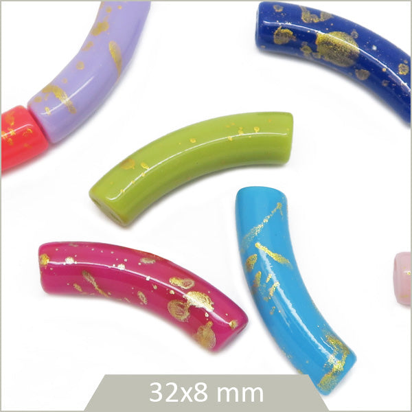 12 perles tubes incurvés mix de couleurs incrustations dorées 8 mm