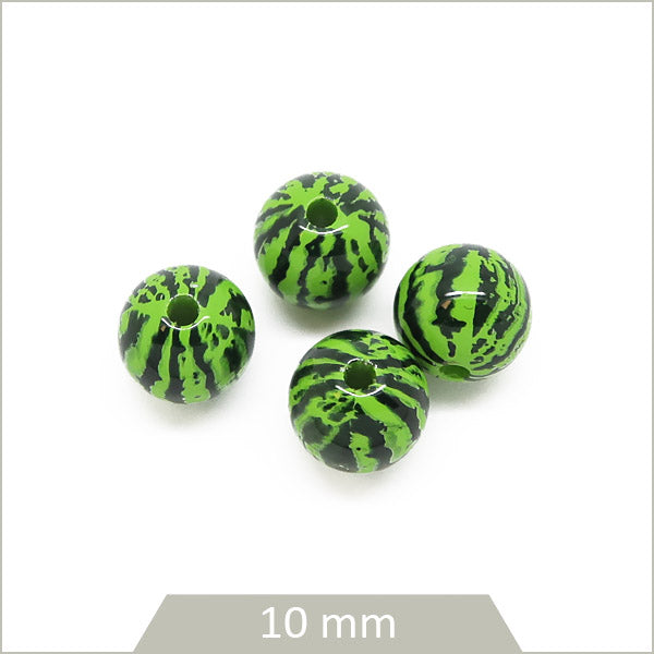 4 perles rondes en acrylique motif pastèque