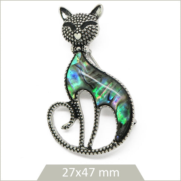 1 broche chat alliage argenté, coquillage d'ormeau
