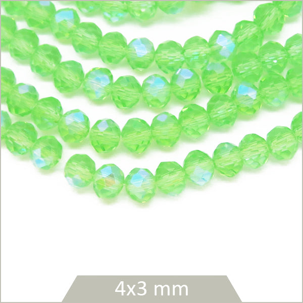 Env. 110 perles de verre à facettes donut vert transparent reflets bleu ciel 4x3 mm