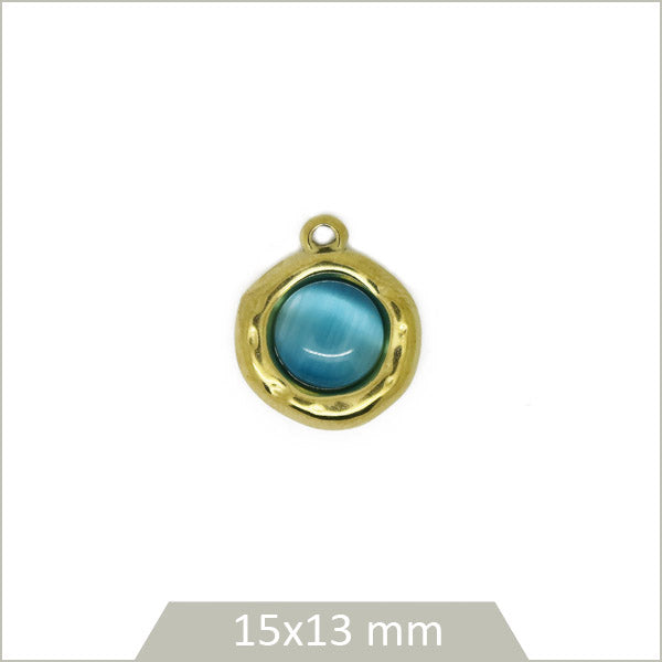 1 médaillon rond en acier inoxydable 304 doré et cabochon en Pierre de lune teintée bleue