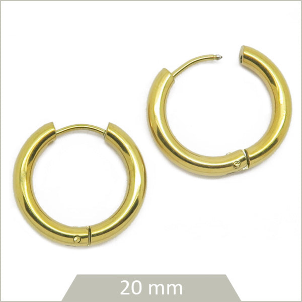 1 paire de créoles rondes en acier inoxydable doré 316L, 20 mm