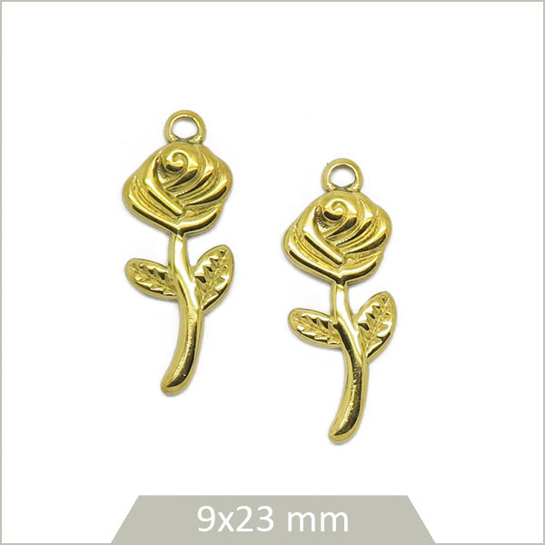 2 breloques rose en acier inoxydable 304 plaqué or 18k