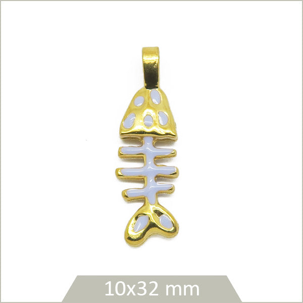1 breloque arrête de poisson acier inox 304 plaqué or 18k et effet émail blanc