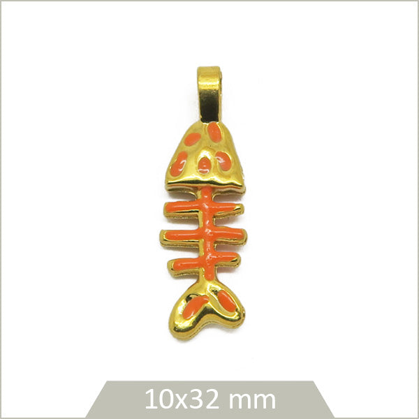 1 breloque arrête de poisson acier inox 304 plaqué or 18k et effet émail orange