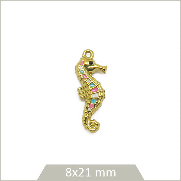 1 breloque hippocampe acier inox 304 plaqué or 18k et effet émail coloré