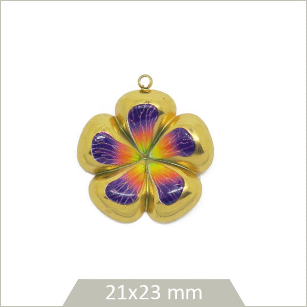 1 breloque fleur acier inox 304 plaqué or 18k et effet émail coloré