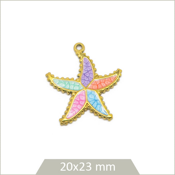 1 breloque étoile de mer acier inox 304 plaqué or 18k et effet émail coloré