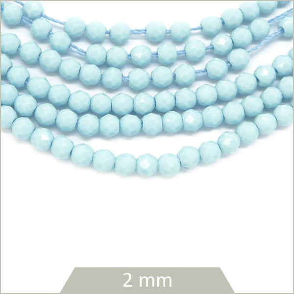 Env. 180 perles de verre rondes à facettes bleu ciel opaque, 2 mm