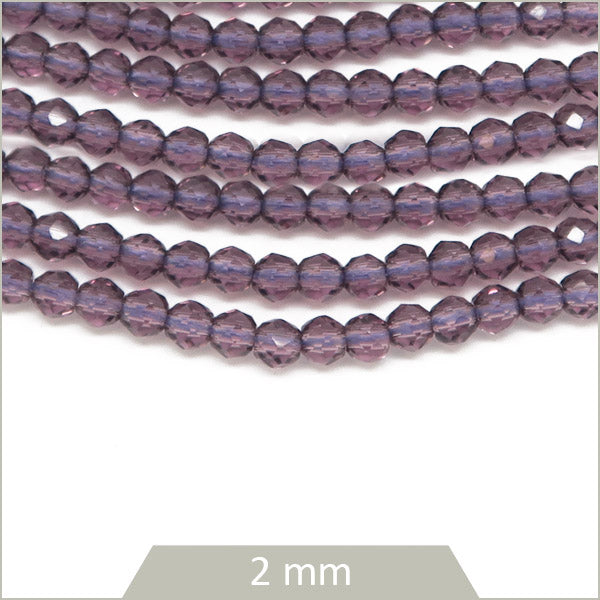 Env. 180 perles de verre rondes à facettes violet, 2 mm