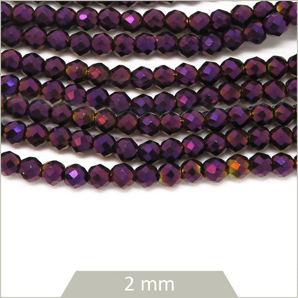Env. 180 perles de verre rondes à facettes irisé violet, 2 mm