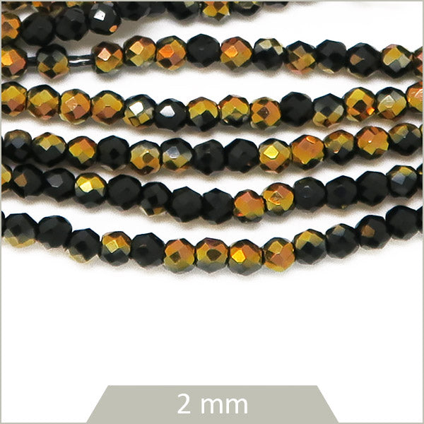 Env. 180 perles de verre rondes à facettes irisé noir gold, effet métallisé, 2 mm