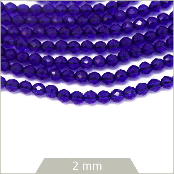 Env. 180 perles de verre rondes à facettes bleu cobalt, 2 mm