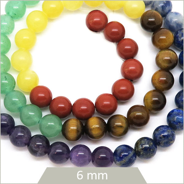 Env. 60 perles rondes mix de pierres naturelles 7 chakras, 6 mm