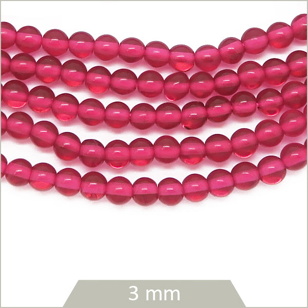 Env. 120 perles de verre rondes rose rubis, 3 mm