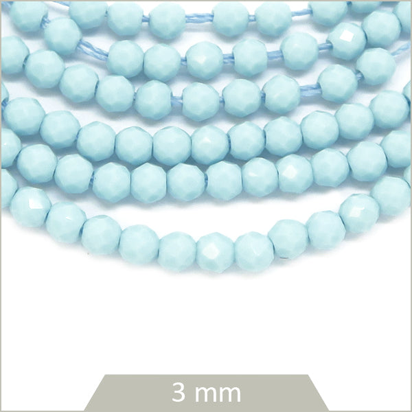 Env. 120 perles de verre rondes à facettes bleu ciel opaque, 3 mm