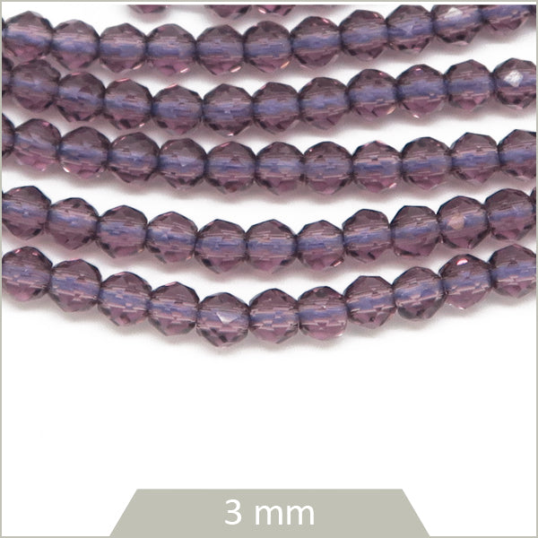 Env. 120 perles de verre rondes à facettes violet, 3 mm