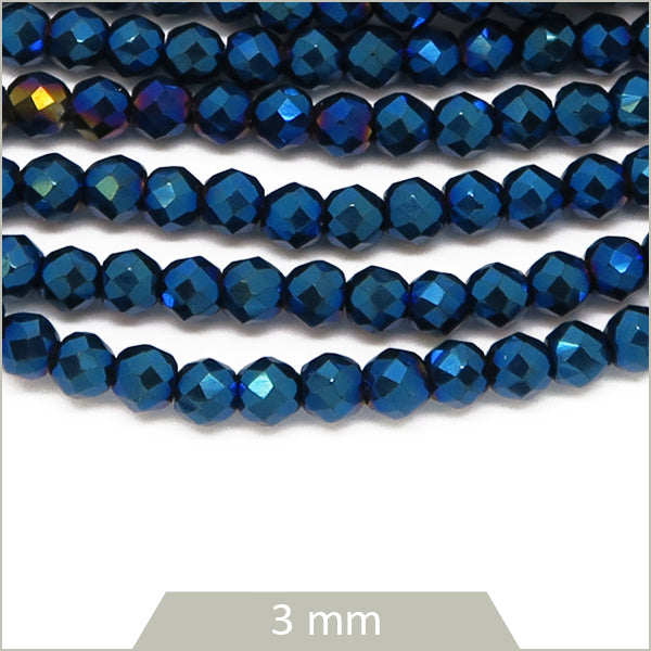Env. 120 perles de verre rondes à facettes irisé bleu, 3 mm