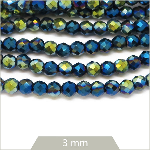 Env. 120 perles de verre rondes à facettes irisé bleu vert, effet métallisé, 3 mm